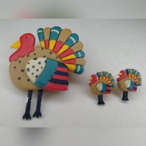 Vintage Hallmark Turkey Thanksgiving Brooch And Marching Earrings Colorful